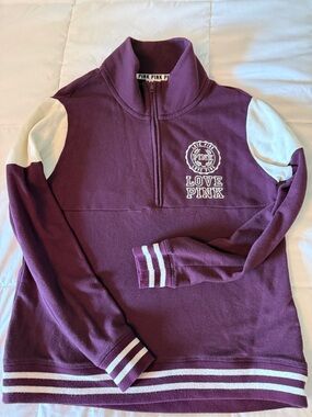 Victoria's Secret PINK Plum Half-Zip Pullover with Cream Logo Trim
